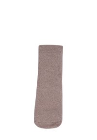 Brown cotton sock with a smooth texture, straight-cut top, and reinforced toe. No patterns or decorative accents visible.