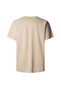 Camiseta beige de manga corta y cuello redondo vista desde atrás, diseño liso con costuras visibles a lo largo de las mangas y el dobladillo.