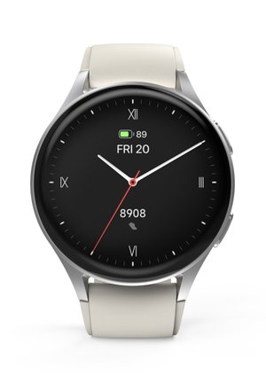 Smartwatch with round silver case and light beige strap showing time, date, battery level at 89%, and 8908 steps on black dial.