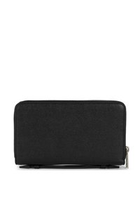 Portefeuille noir zippé avec un extérieur en cuir texturé, de forme rectangulaire, et un accent en métal argenté sur le tirette de la fermeture.