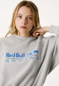 Felpa grigia con la scritta "Red Bull Racing" in blu. Il design include due tori blu e un collo a girocollo con polsini a costine.