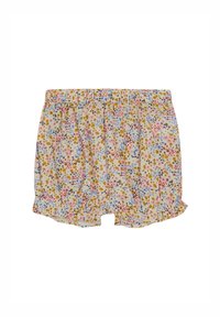 Shorts floraux avec un fond clair mettant en avant de petites fleurs roses, bleues et jaunes. Taille élastique et bords volants. Tissu doux.