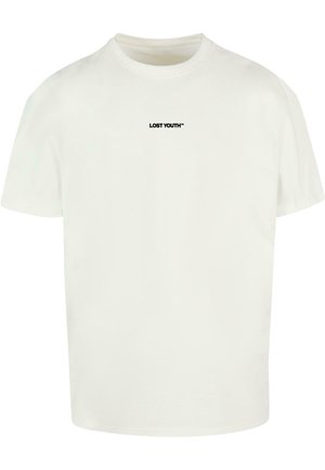 T-shirt bianco in cotone con maniche corte, scollatura rotonda e stampa nera con il testo "LOST YOUTH" sul davanti.