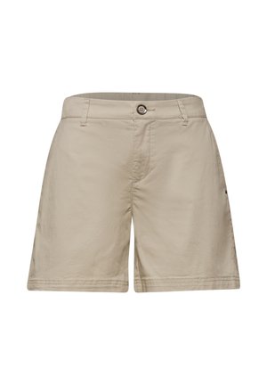 Beige knielange shorts met een knoop- en ritssluiting, riemlussen en zijzakken, afgebeeld tegen een witte achtergrond.