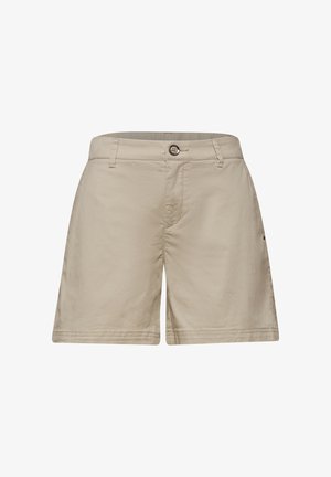 Beige knielange shorts met een knoop- en ritssluiting, riemlussen en zijzakken, afgebeeld tegen een witte achtergrond.