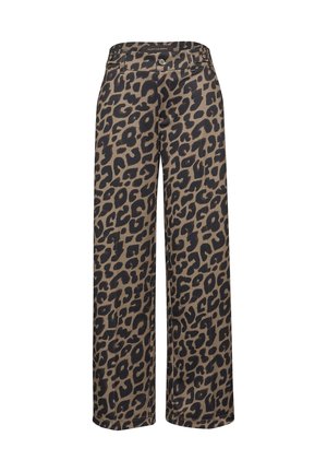 Pantaloni a gamba larga con motivo leopardato marrone e nero, chiusura con bottone e passanti per cintura sulla vita.