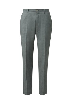 Men's tailored gray dress trousers with front crease, belt loops, button closure, and straight leg cut.