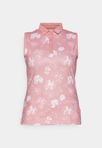 Pink sleeveless polo shirt featuring a subtle white floral pattern, collar with buttons, and CK logo on the collar. Made from smooth fabric.