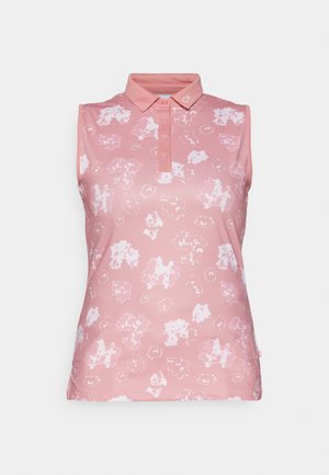 Pink sleeveless polo shirt featuring a subtle white floral pattern, collar with buttons, and CK logo on the collar. Made from smooth fabric.