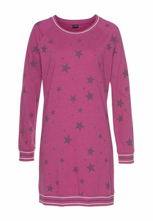 Langärmliges pinkes Kleid aus Baumwolle mit grauen Sternmustern. Es hat einen runden Ausschnitt sowie gestreifte Manschetten und Saum.