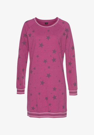 Langärmliges pinkes Kleid aus Baumwolle mit grauen Sternmustern. Es hat einen runden Ausschnitt sowie gestreifte Manschetten und Saum.