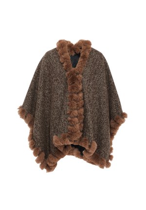Poncho marron en tissu texturé, avec un bord en fausse fourrure brune douce le long des bords et un design large et ouvert.