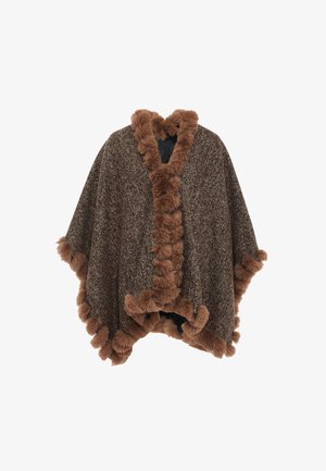 Brązowy poncho wykonane z fakturowanej tkaniny, z pluszowym, brązowym sztucznym futrem wzdłuż krawędzi oraz szerokim, otwartym fasonem.