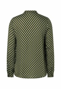 Long-sleeve shirt in dark green fabric, featuring a diamond pattern in yellow and white, with a collared neckline and buttoned cuffs.