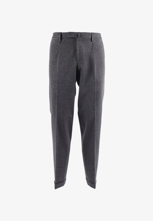 Pantaloni grigio scuro in tessuto intrecciato, con vestibilità rilassata, piega anteriore e risvolti arrotolati, dotati di passanti per cintura e tasche laterali.