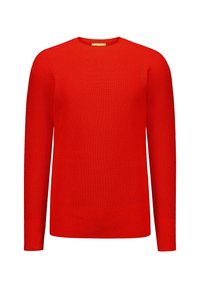 Kirkkaan punainen, pitkähihainen, pyöreäkaulusneule, jossa on ribbaustyyliset hihansuut ja helma, esitelty valkoista taustaa vasten.