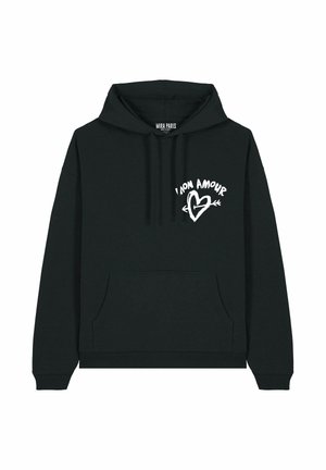 Felpa nera con tasca frontale, decorata con la scritta bianca "IO SONO AMORE" e un grafico a forma di cuore. Realizzata in tessuto morbido con una vestibilità rilassata.