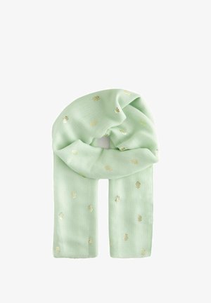 Mint green scarf made of soft fabric, featuring gold floral patterns, with a lightweight, textured design and fringed ends.