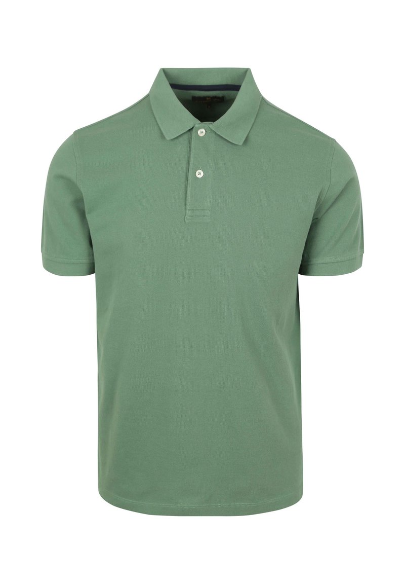 Polo shirt in lichtgroene katoenmix, korte mouwen, met twee knopen, geribbelde kraag en een effen textuur zonder patronen.