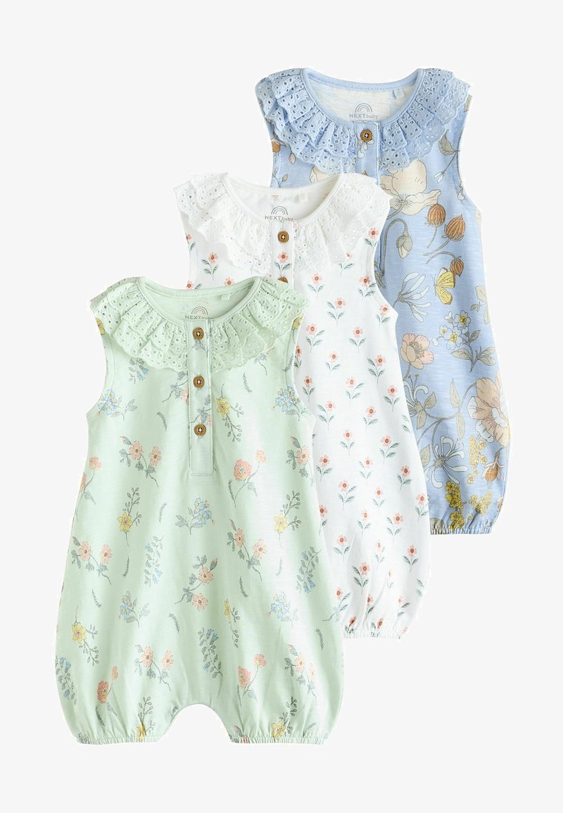 Three sleeveless baby rompers with floral prints and ruffled collars in green, white, and blue, each with wooden button details on front.
