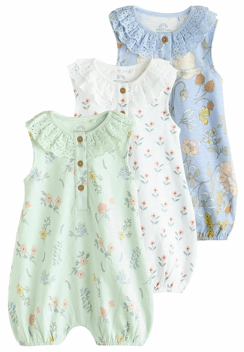 Three baby rompers: one mint green floral, one white with small pink flowers, and one light blue with larger floral prints. Ruffled collars and buttons.
