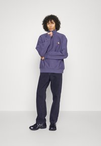 Lila fleece-pullover med hög krage och halvdragkedja. Har en liten orange logga på bröstet. Kombination med mörka jeans och svarta sneakers.