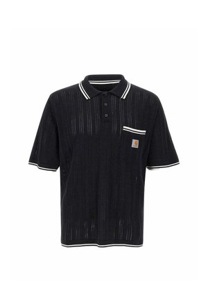 Polo tricoté noir à manches courtes avec bordure blanche au col, aux manches et à la poche, doté d'une patte de boutonnage trois boutons et d'un petit patch logo sur la poche.