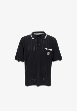 Sort kortærmet strikket polo med hvide detaljer på krave, ærmer og lomme, med tredobbelt knaplukning og lille logo på lommen.