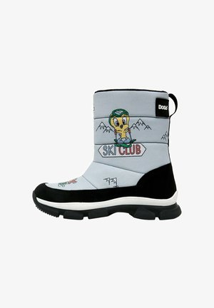 Hellgrauer Schneestiefel mit schwarzen Akzenten, gepolstertem Design und farbenfrohem Comic-Motiv. Mit der Aufschrift "SKI CLUB" und einer strukturierten Gummisohle.