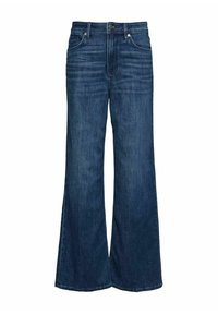 Jeans de mezclilla de pierna ancha en azul oscuro con bolsillos frontales, trabillas para cinturón y cierre de botón.
