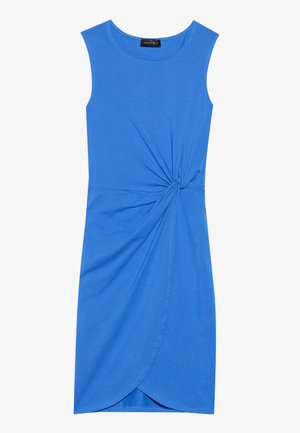 Blue sleeveless dress made from stretch fabric, featuring a twisted front detail and an asymmetrical hemline. Smooth texture.