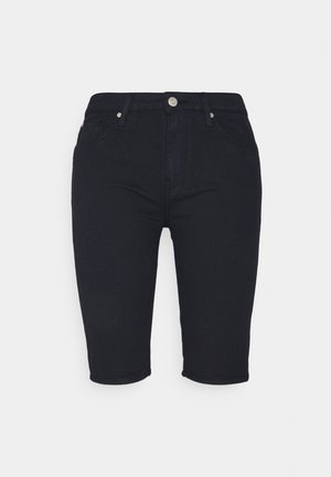 Schwarze Jeans-Knielange Shorts mit vorderer Knopfleiste und Reißverschluss, Gürtelschlaufen und Vordertaschen.
