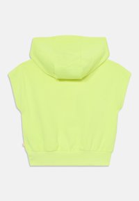 Felpa corta verde lime con design a pullover, vita aderente e cappuccio. Il tessuto sembra morbido e liscio, senza pattern visibili.