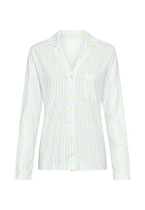 Blúzka na zapínanie na gombíky so svetlomodrými a bielymi vertikálnymi pruhmi a malými žltými potlačami plátkov citrónu, s náprsným vreckom a dlhými rukávmi.