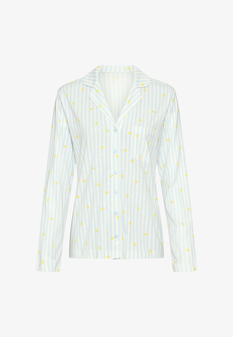Camicia da pigiama con bottoni, a righe verticali azzurro chiaro e bianche, con piccole stampe di fette di limone gialle, con taschino sul petto e maniche lunghe.