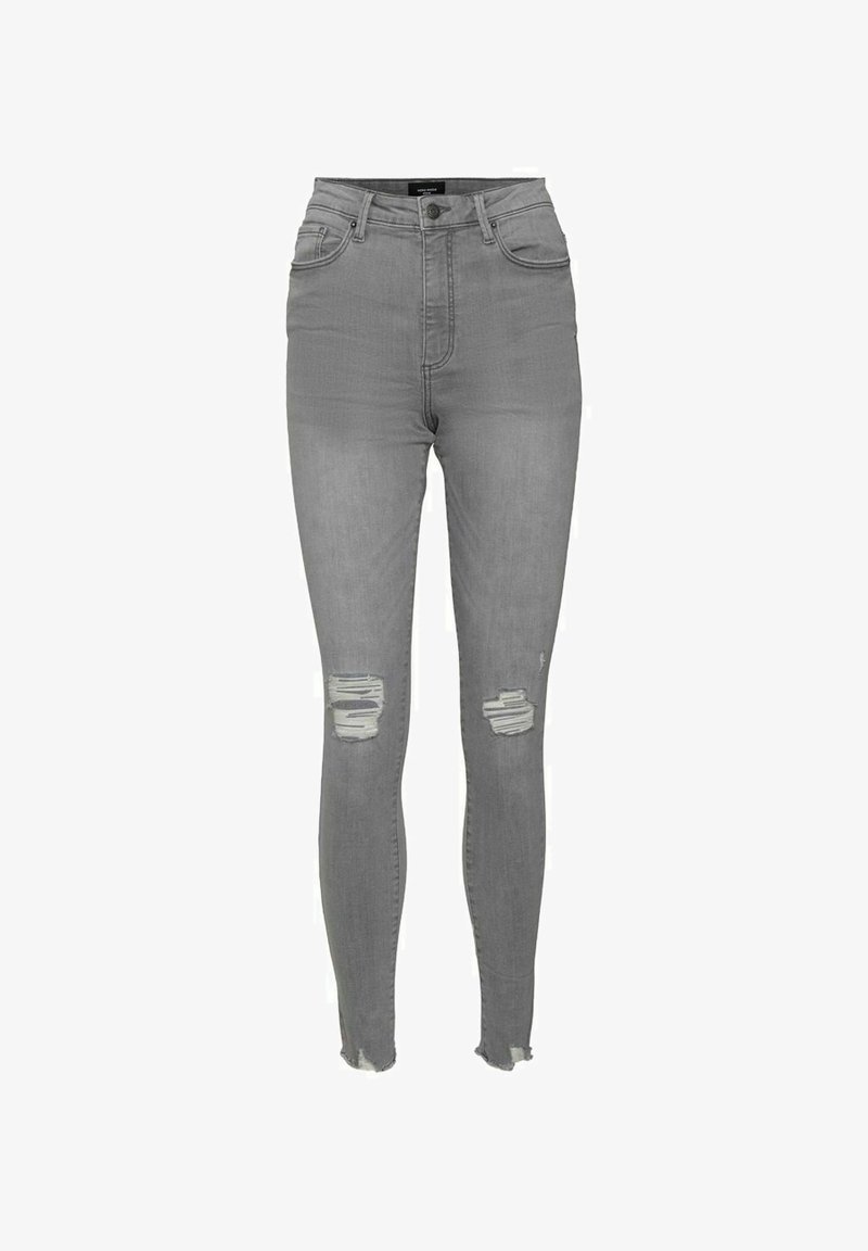 Jean skinny gris taille haute avec détails usés aux genoux, en tissu denim, présentant un design classique à cinq poches et un ourlet brut.