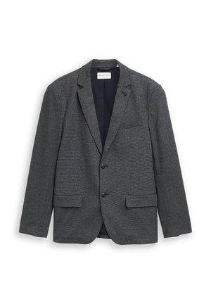 Veste pour hommes gris foncé à revers crantés, deux boutons, poches à rabat et poche poitrine, présentée sur fond blanc.
