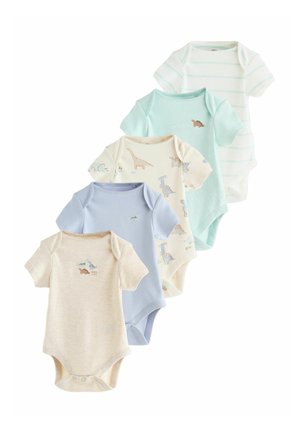 Cinque body per neonati a manica corta in crema, blu, crema con stampe di dinosauri, verde menta e bianco con strisce verdi, disposti sovrapposti.