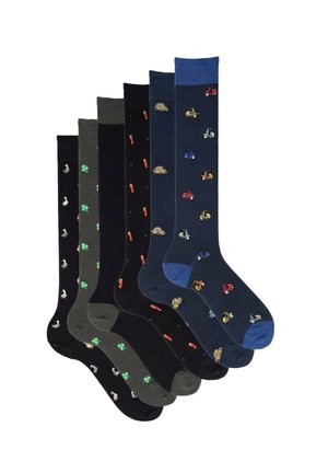 Sei paia di calzini di colore scuro con piccoli motivi ricamati che includono anatre, quadrifogli, carote, auto d'epoca e scooter colorati.