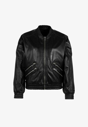Giacca bomber nera in pelle con colletto a coste, chiusura con zip e tasche con zip inclinata. Presenta orlo e polsini elasticizzati per una vestibilità aderente.