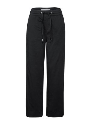 Czarne luźne spodnie wykonane z miękkiego materiału, z elastycznym pasem w talii i regulowanym sznurkiem oraz akcentami z metalowego srebra.