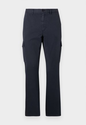 Pantalons cargo marine en tissu mélangé coton, avec poches latérales, une coupe droite et un devant plat avec une fermeture à bouton.