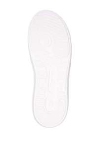 Semelle en caoutchouc blanc avec des rainures profilées et des accents circulaires. Le nom de la marque "rieker" est embossé près du centre. Durable et texturé.