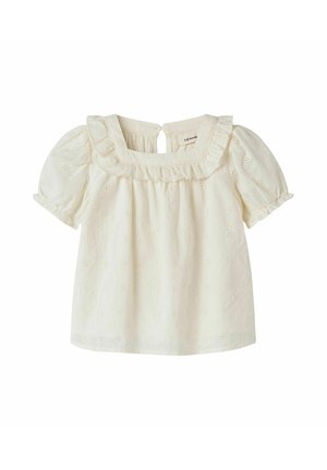 Bluza de culoare crem, cu mâneci scurte, decolteu pătrat cu volănașe și broderie mică florală cu ochiuri pe toată suprafața.