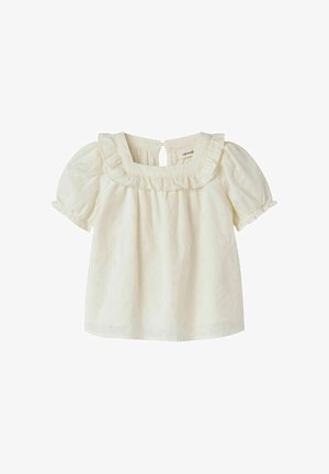 Bluza de culoare crem, cu mâneci scurte, decolteu pătrat cu volănașe și broderie mică florală cu ochiuri pe toată suprafața.