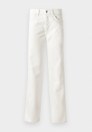 White denim jeans with straight leg design, five pockets, button closure, and subtle texture. Finished with belt loops and standard hem.