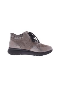 Gray casual sneaker with black laces, soft suede texture, black sole, and leopard print detail at the ankle collar, shown from the inner side.