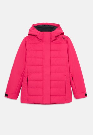 Veste d'hiver matelassée rose vif avec capuche, fermeture éclair frontale recouverte d'un rabat, poignets réglables et poches latérales zippées.