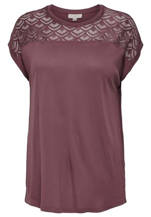 Bordeauxrotes T-Shirt mit lockerer Passform, kurzen Ärmeln und einem Spitzenpaneel-Design auf den Schultern. Hergestellt aus weichem, leichtem Stoff.