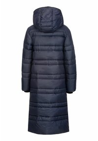 Marineblauer, gepolsterter Mantel mit Kapuze, der einen langen, geraden Schnitt, gesteppte Textur und weite Ärmel aufweist. Glattes Gewebe mit mattem Finish.
